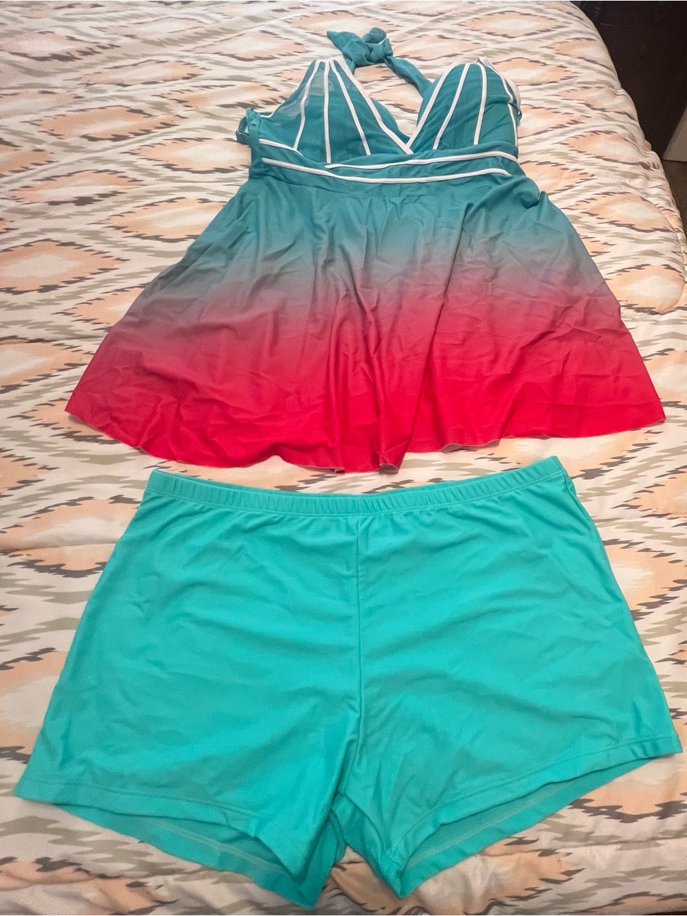 Ombre Teal to Pink Halter Tankini with Teal Swim Shorts